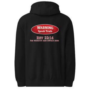 Black hoodie with "Warning: Speak Truth" text.