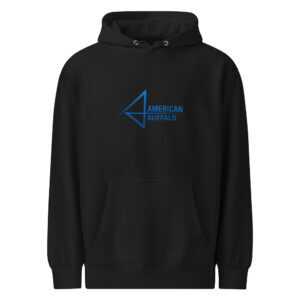 Black hoodie with blue American Buffalo logo.