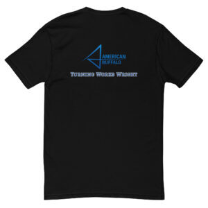 Black t-shirt with blue logo design.